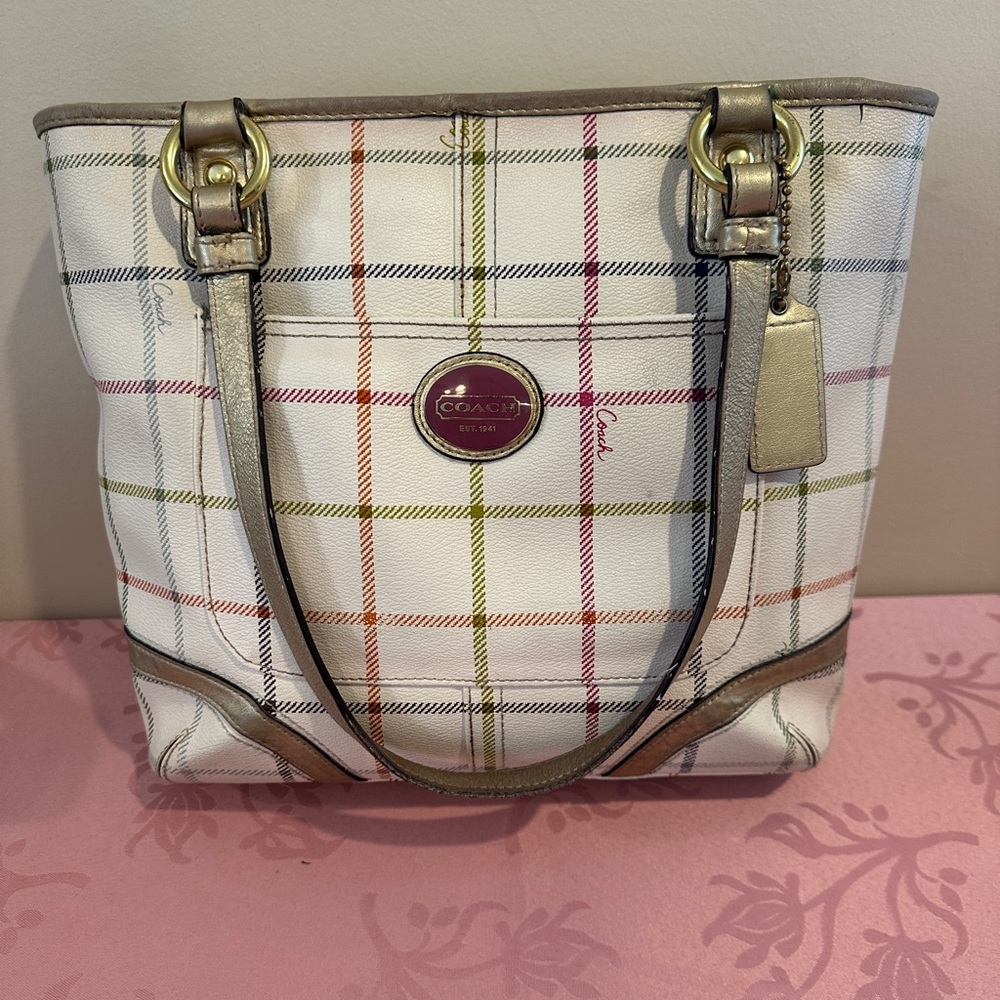 Coach Plaid Shoulder Bag - White, Red, Green, Gold